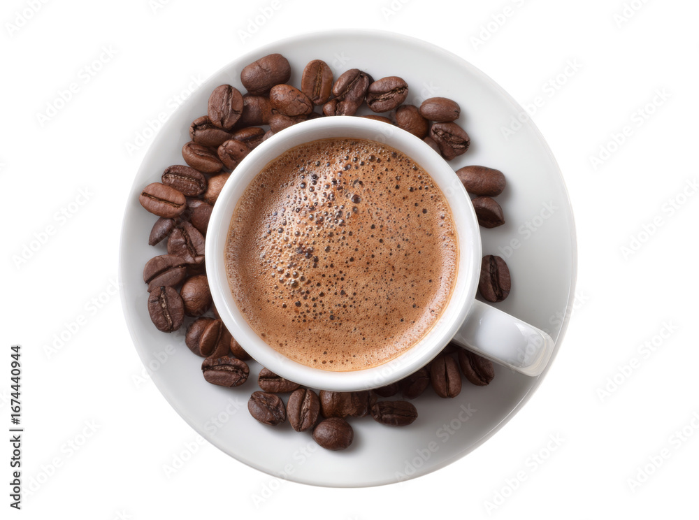 Fototapeta premium Aromatic espresso coffee cup surrounded by roasted beans, Isolated On Transparent Background