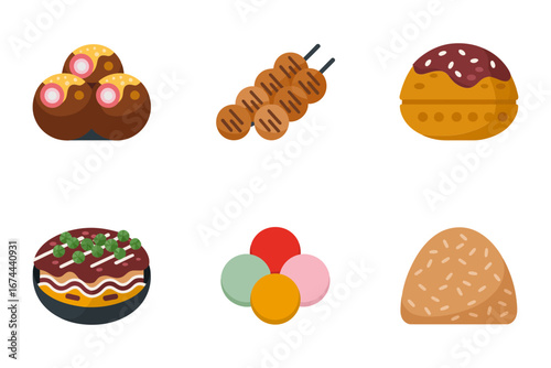 Mochi dango dorayaki dessert icons, Japanese sweets collection, colorful flat vector clipart, isolated
