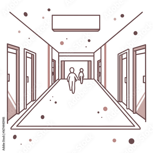 Two people walking down a hallway with closed doors and modern decor  