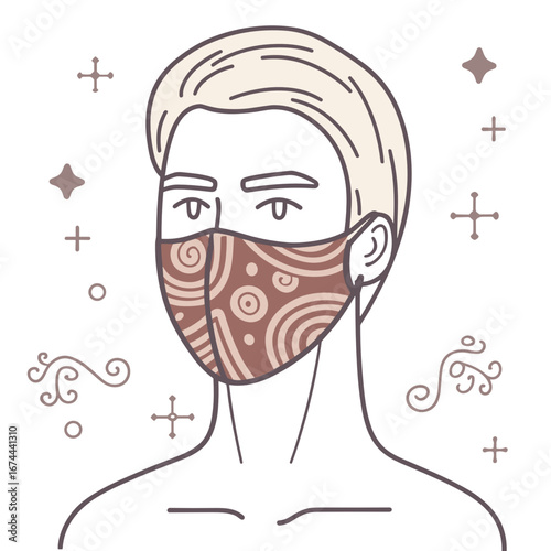 Young man wearing a decorative face mask with patterned design  
