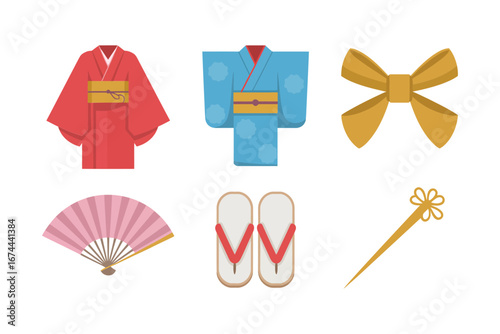 Traditional kimono costume icons with obi bow folding fan and wooden sandals, Japanese clothing vector set for culture projects