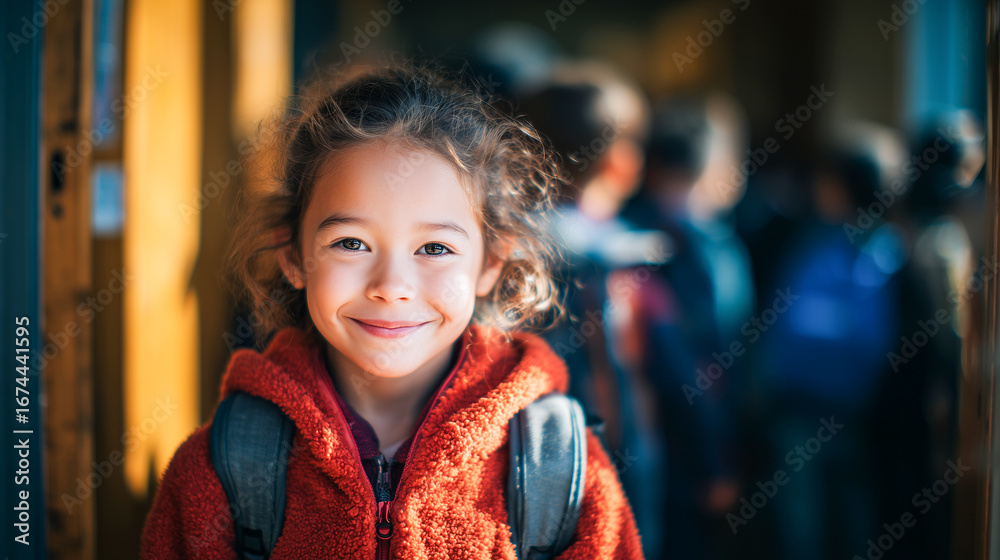Fototapeta premium back to school Young girl with curly hair wearing a red jacket and backpack, smiling brightly in a school hallway filled with other students and warm sunlight