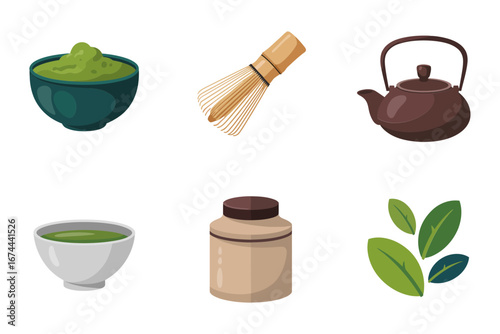 Japanese tea ceremony set with matcha bowl bamboo whisk clay teapot tea leaves minimal vector icon collection for cafe branding