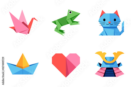 Pastel origami collection, crane frog cat boat heart doll, kawaii papercraft icons, Japanese vector clipart