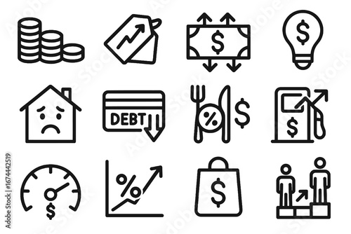 Set of 12 black inflation and household expense icons in flat vector style with white background, perfect for financial apps, budgeting, and economic design.
