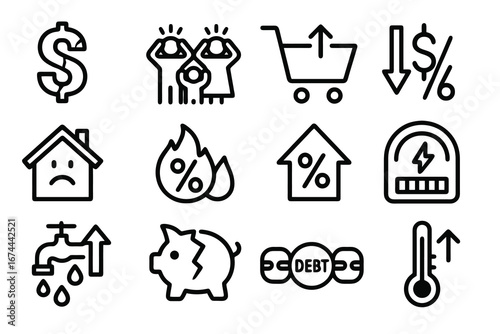 Set of 12 black inflation and household economy icons in flat vector style with white background, perfect for finance apps, reports, and analysis dashboards.