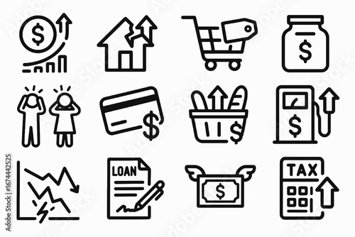 Collection of 12 black inflation and economy icons in flat vector style with white background, ideal for apps, financial dashboards, and economic infographics.