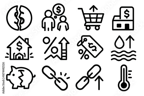 Collection of 12 black economic stress and inflation icons in flat vector style with white background, ideal for apps, household budgeting, and finance reports.