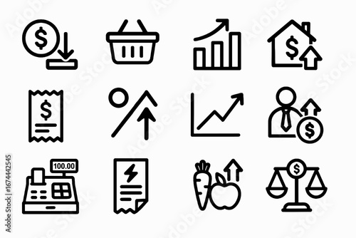 Set of 12 black inflation and finance icons in flat vector style with white background, perfect for economy apps, financial dashboards, and reports.