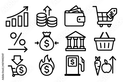Set of 12 black inflation and economy icons in flat vector style with white background, perfect for financial apps, reports, and economic infographics.