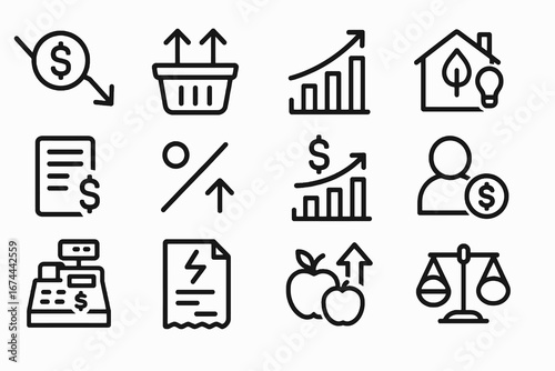 Collection of 12 black inflation and economic icons in flat vector style with white background, ideal for apps, finance projects, and educational tools.