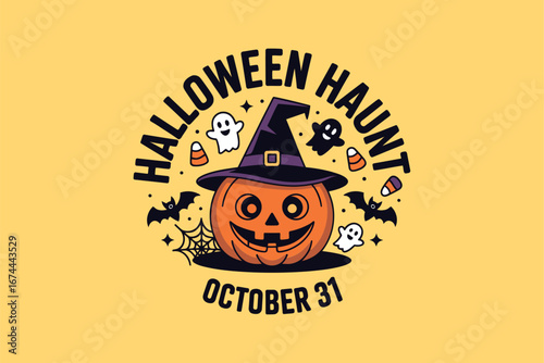 Halloween haunt pumpkin badge logo, witch hat and bones, October 31 typography, vintage spooky emblem, party sticker, vector illustration