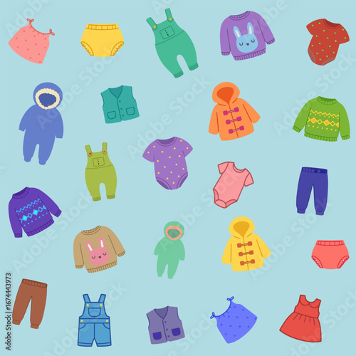 Seamless pattern with cute baby clothes  children’s clothing illustration for kids design