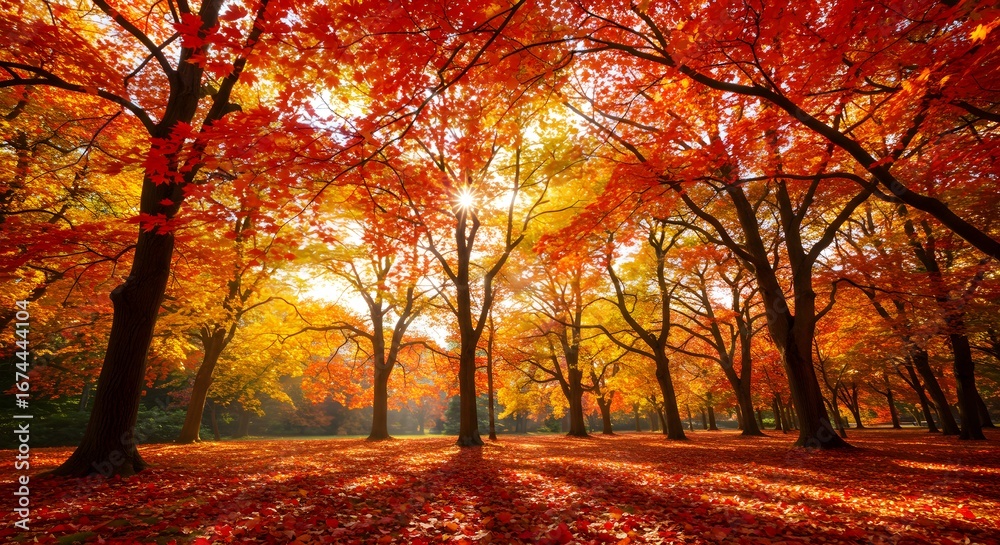 Fototapeta premium Golden Hour Over a Forest of Bright Red and Orange Autumn Trees