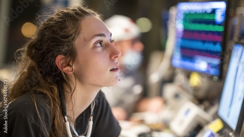 Focused student observing realtime vital signs on monitor during emergency response simulation background activity lightly defocused for depth.