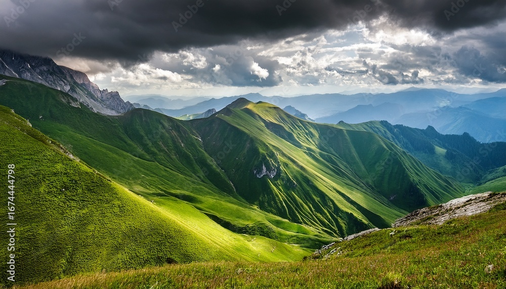 Fototapeta premium green mountains under dramatic sky