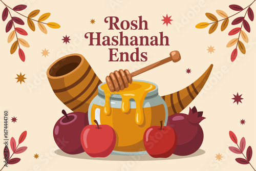 Rosh Hashanah ends festive illustration, honey jar with dipper apples shofar, autumn leaves frame, vector greeting, holiday poster, community event