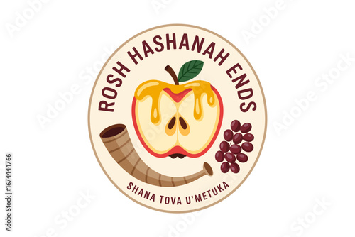 Rosh Hashanah ends round badge, honey dripping on apple shape, shana tova u metuka text, vector label, sticker, greeting emblem