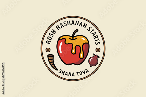Shana Tova round badge with apple dipped in honey pomegranate seeds and shofar icons minimal holiday emblem vector