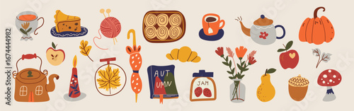 Cozy autumn elements set with cute hand-drawn doodles. Pumpkin, candle, mug, pie, apple, fall leaves, and seasonal icons. Flat vector illustration for autumn and Thanksgiving designs.