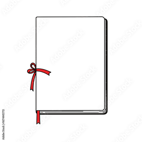 Minimalist closed sketchbook with red ribbon on white background, creativity