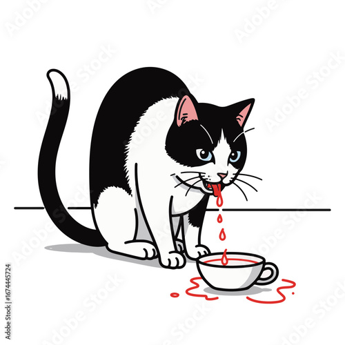 Cat licking spilled milk in minimalist black and white style, playful whimsy
