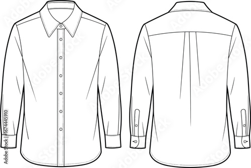 Men’s button-up shirt front and back view, long sleeve casual shirt, classic collar, cuff detail, fashion technical flat sketch vector