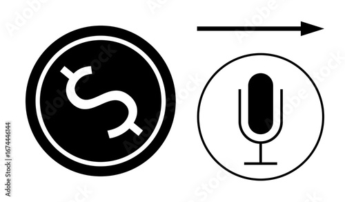 Dollar symbol and microphone with arrow indicate financial transactions or earnings through voice technology. Ideal for digital payments, fintech, earning concepts, voice assistants, podcasts, audio