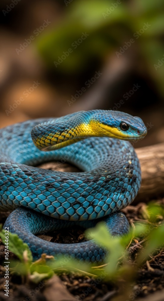 Fototapeta premium Vibrant blue and yellow snake coiled on the forest floor, displaying intricate scales.