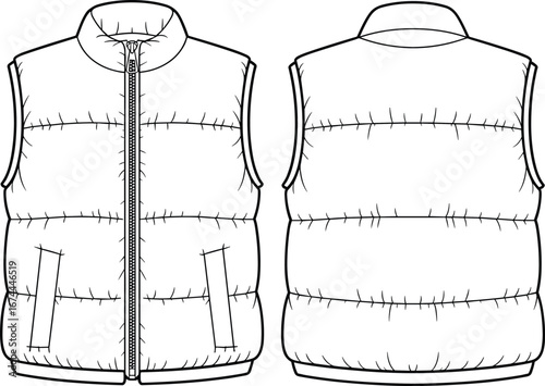 Men’s sleeveless puffer vest, quilted design, front zipper closure, warm padded outerwear, casual winter jacket, front and back view, CAD drawing, flat vector illustration