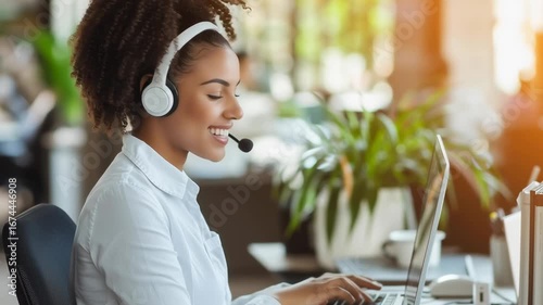 A woman wearing a headset and smiling while working on a laptop. Concept of productivity and positivity