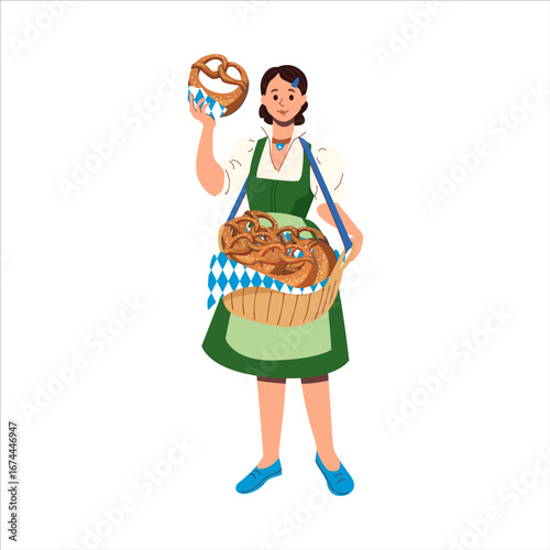 Woman in dirndl dress carrying basket of fresh pretzels with Bavarian cloth, perfect for Oktoberfest, bakery ads, food packaging, or German festival promotions