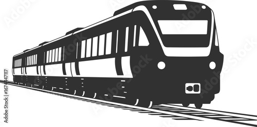 Modern passenger train silhouette on railway tracks, high-speed transportation, public transit, train travel, railway system, commuter train, urban transport