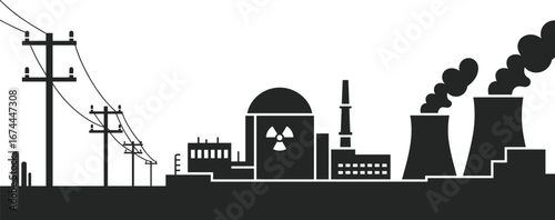 Nuclear power plant with cooling towers and electric grid, vector illustration of energy production facility, black and white industrial scene