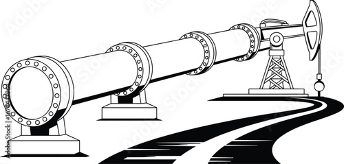 Oil pipeline infrastructure with crude pumpjack, industrial illustration, energy transportation system, petroleum production facility, black and white vector graphic