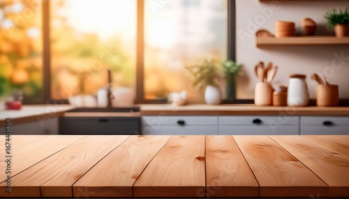table wooden kitchen banner with abstract warm tone blurred background empty space for product display in modern living empty beautiful wood table top and blurred bokeh modern kitchen background