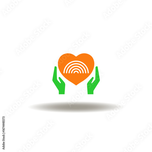 Vector illustration of hands gesture of care or palm with heart and rainbow. Icon of DEI Diversity Equity Inclusion. Symbol of different people love.