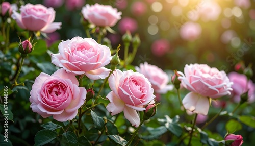 Beautiful pink roses in a garden. Sunlight highlights the blooms