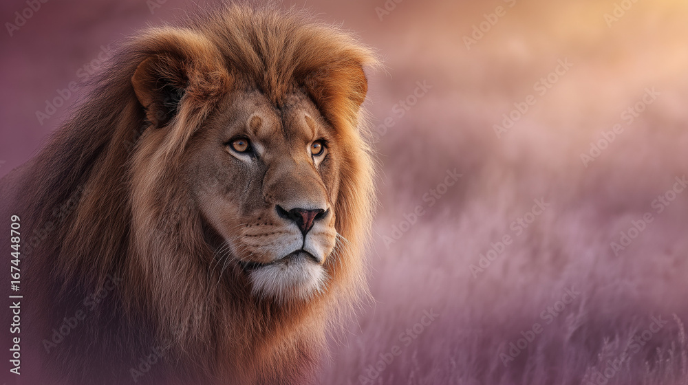 Fototapeta premium A majestic lion with a golden mane stares intensely, embodying power, dominance, and regal presence in the wild savannah.