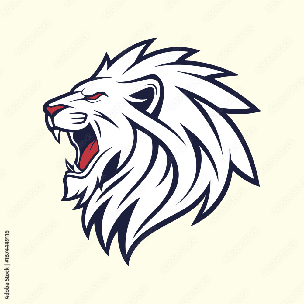 Fototapeta premium Fierce White Lion Head Illustration – Roaring Lion with Open Mouth and Sharp Teeth, Powerful Wild Animal Vector for Mascots, Sports Logos, and Fierce Wildlife Designs