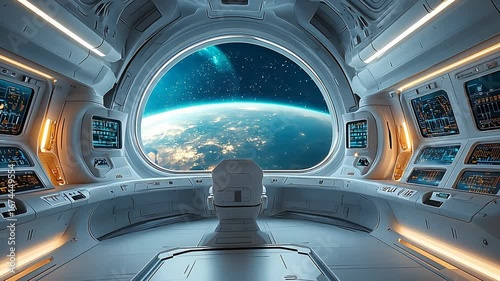A static shot of a spaceship cockpit with a large window view of Earth from space.