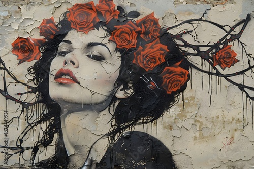 Stylized artistic portrait of woman with red roses in hair and thorny branches on peeling wall background featuring dripping paint texture and dramatic emotional expression.