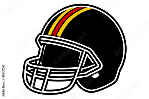An illustrated vector of an American football helmet is isolated as a piece of protective sport equipment