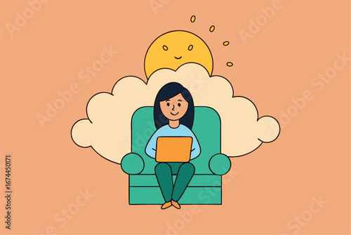 A vector cartoon illustration shows a thoughtful businesswoman with an idea, a concept of success and money flowing from her cloud of thought