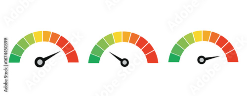 Speedometer gauge meter vector icons, risk score progress indicators in green to red
