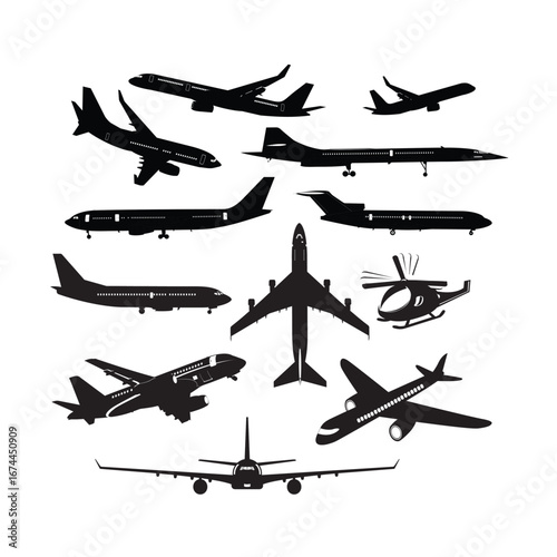 Airplane Silhouette Vector Set with Commercial Jets and Helicopter