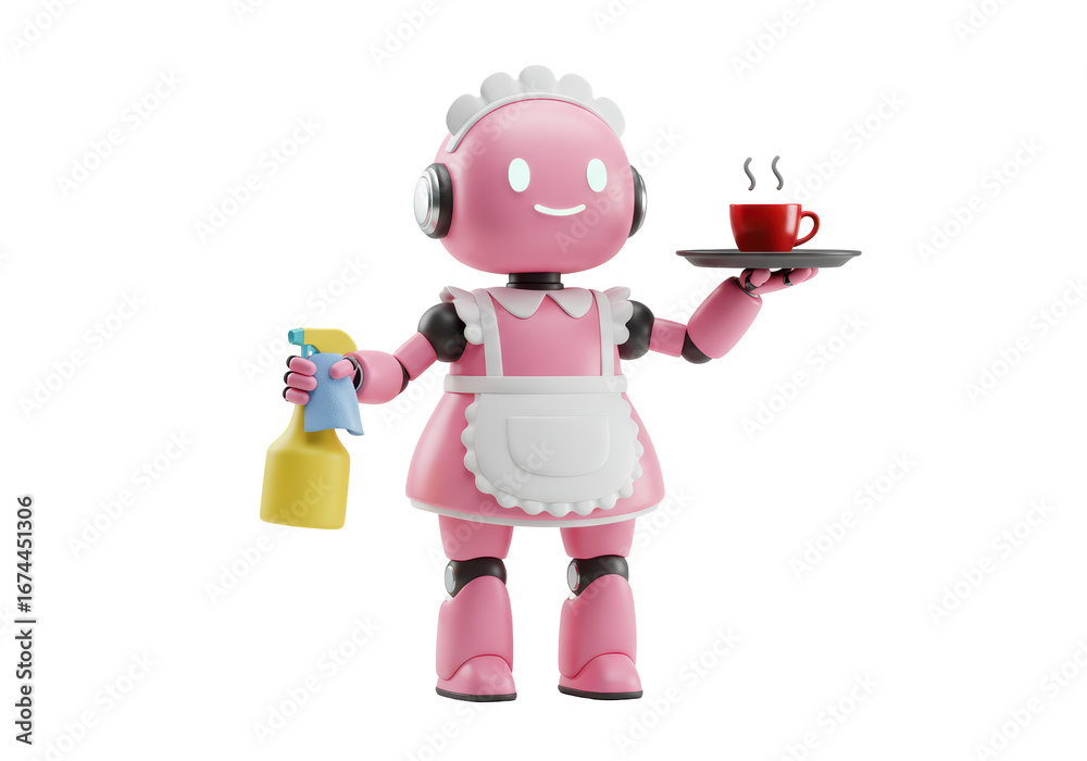 Fototapeta premium Isolated pink robot maid serving coffee, holding spray bottle with cleaning cloth