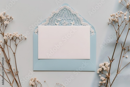 Elegant blue laser cut envelope with blank white greeting card inside surrounded by dried baby's breath flowers on a soft pastel background for wedding or baptism invitation.