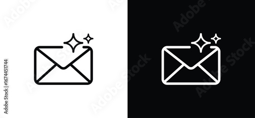 AI email assistant icons, envelope with sparkle stars, minimalist line vector for smart inbox, compose, reply, filter and automation in app and web UI. Vector illustration.