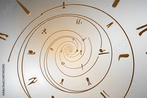 Hypnotic golden spiral clock face with abstract symbols and numbers creates a mesmerizing journey through time